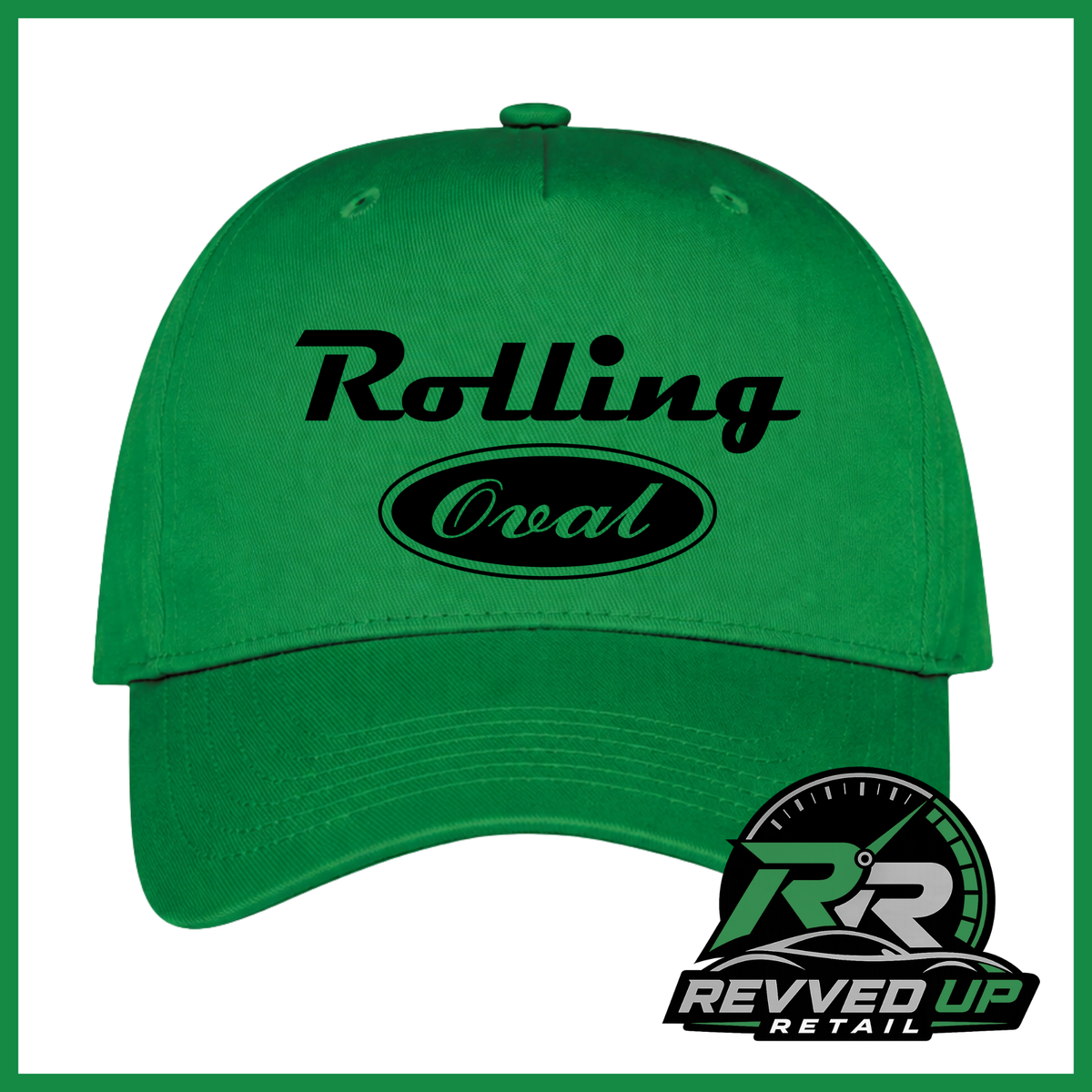 A bright green baseball cap with 'Rolling Oval' printed in black on the front, shown against a white background with a green border. A Revved Up Retail logo is visible in the bottom right corner.