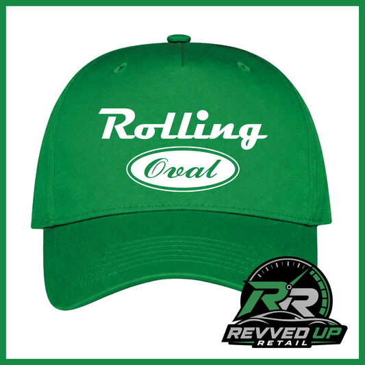 A bright green baseball cap with 'Rolling Oval' printed in white on the front, shown against a white background with a green border. A Revved Up Retail logo is visible in the bottom right corner.