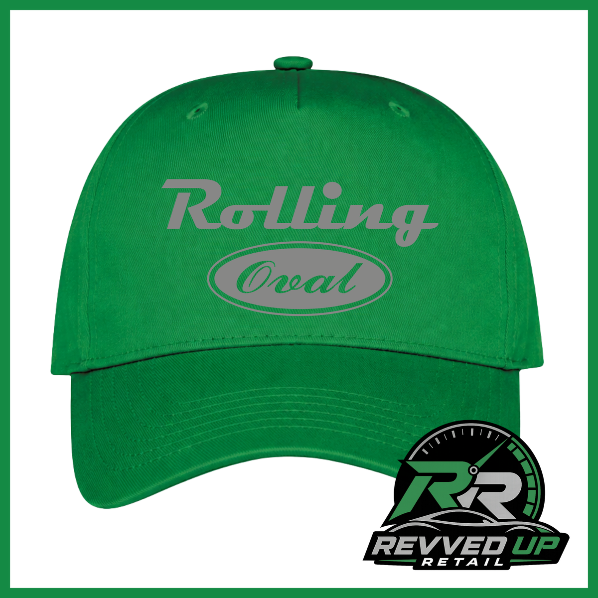 A bright green baseball cap with 'Rolling Oval' printed in grey on the front, shown against a white background with a green border. A Revved Up Retail logo is visible in the bottom right corner.
