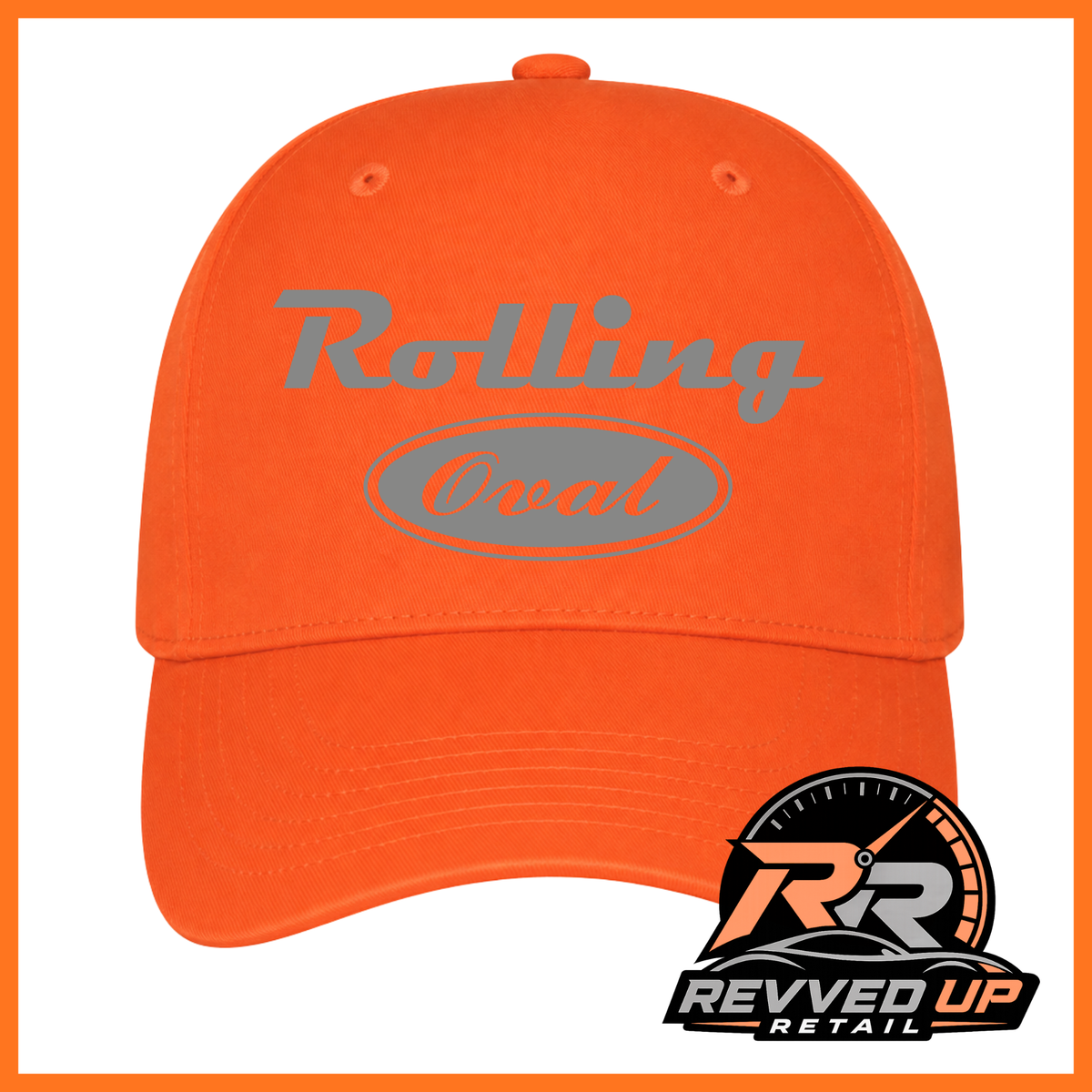 Bright orange baseball cap with grey 'Rolling Oval' text and logo on the front, shown on a white background with an orange border. A Revved Up Retail logo appears in the bottom right corner.