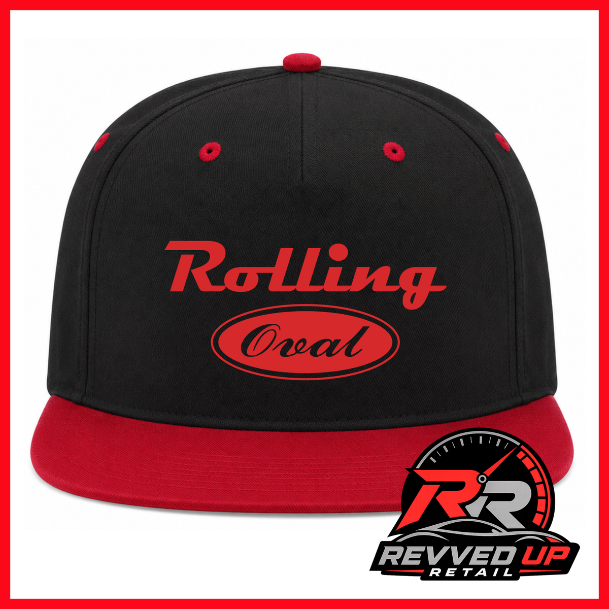 A black flat-brim baseball cap with a red brim, red eyelets, and red text reading 'Rolling Oval' on the front. A Revved Up Retail logo is overlaid in the bottom right corner.