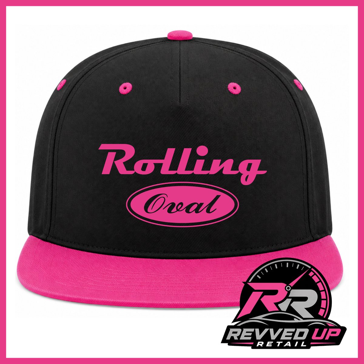 A black flat-brim snapback cap with a bright pink brim and matching pink eyelets, featuring a pink 'Rolling Oval' logo on the front. A Revved Up Retail logo is visible in the bottom right corner.