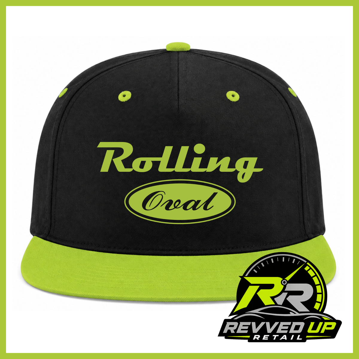 A black flat-brim baseball cap with a bright green visor and matching eyelets, featuring 'Rolling Oval'  text on the front. A Revved Up Retail logo is displayed in the bottom right corner.