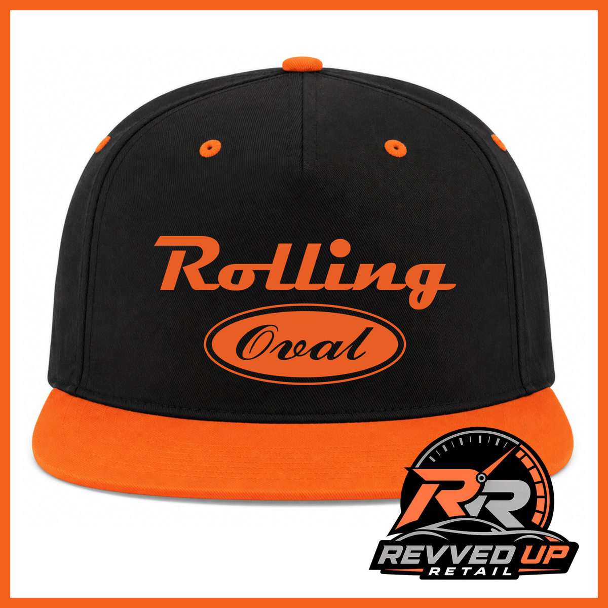 A black flat-brim baseball cap with bright orange accents, featuring the words 'Rolling Oval' in orange on the front. The cap has orange eyelets and a matching orange brim.