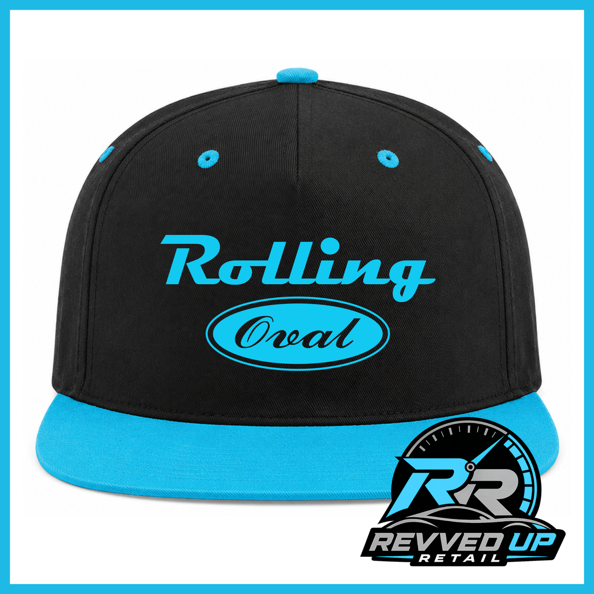 A black snapback cap with a bright blue flat brim and matching blue eyelets, featuring 'Rolling Oval' text in blue on the front. A Revved Up Retail logo is displayed in the bottom right corner.