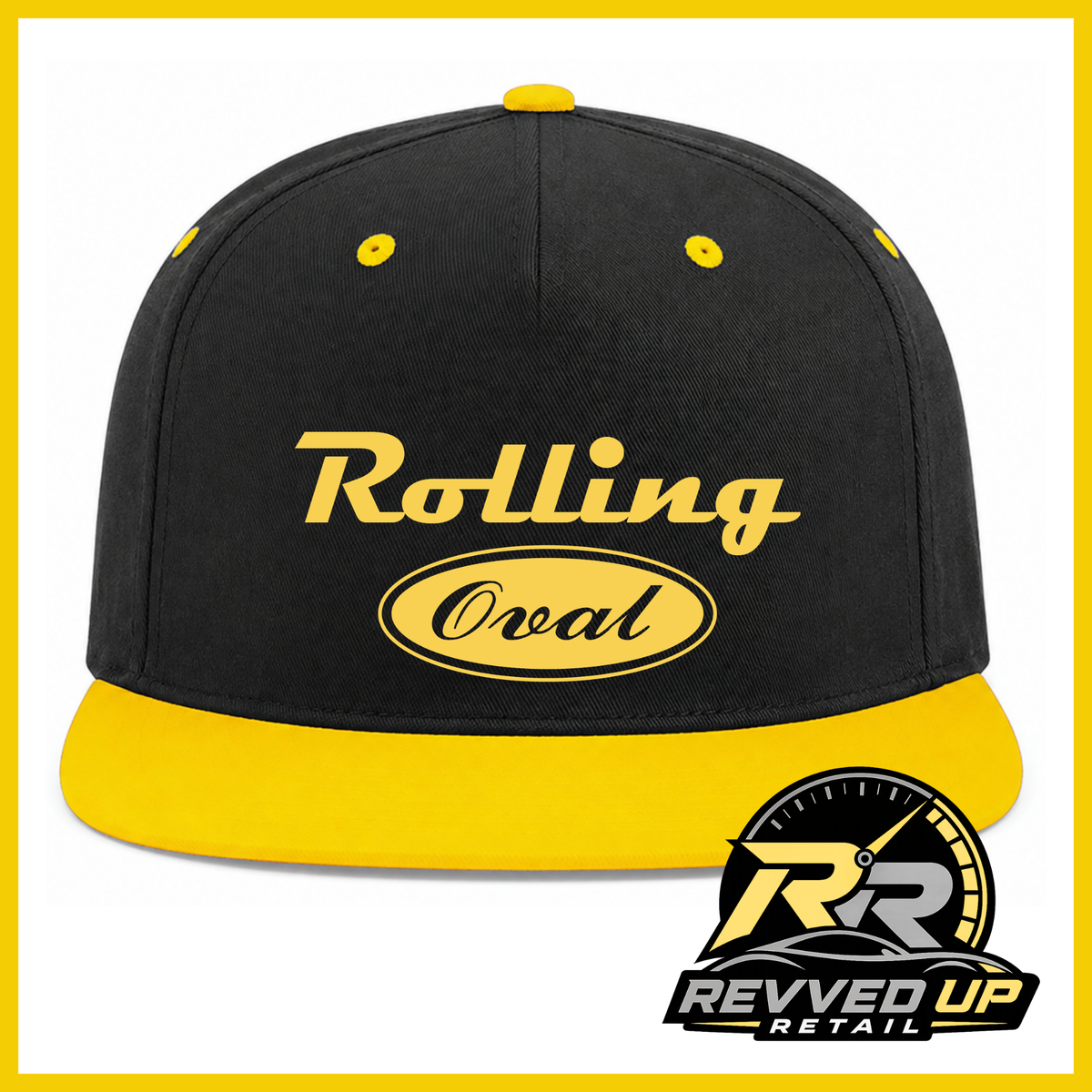 A black flat-brim baseball cap with a bright yellow visor and matching yellow eyelets, featuring 'Rolling Oval' printed in yellow on the front. A Revved Up Retail logo is visible in the bottom right corner.