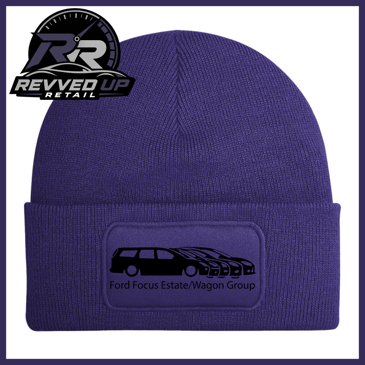 A purple knit beanie with a folded cuff featuring a rectangular patch that reads 'Ford Focus Estate/Wagon Group' with a black car graphic. The Revved Up Retail logo is displayed in the top-left corner.