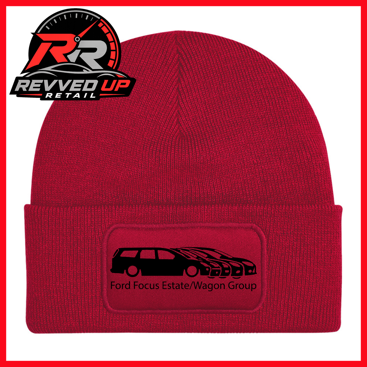A red knit beanie with a folded cuff featuring a rectangular patch that reads 'Ford Focus Estate/Wagon Group' with a black car graphic. The Revved Up Retail logo is displayed in the top-left corner.