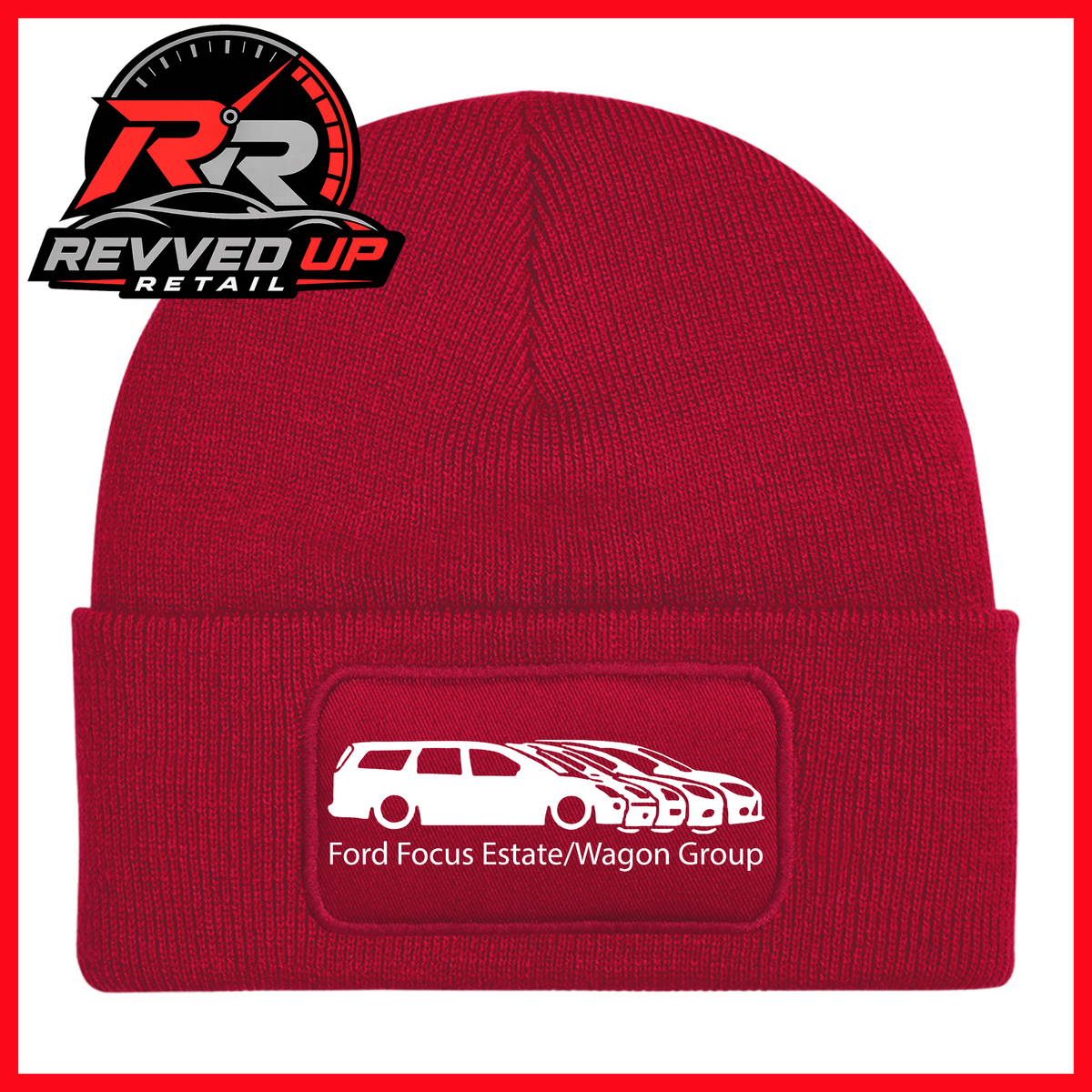 A red knit beanie with a folded cuff featuring a rectangular patch that reads 'Ford Focus Estate/Wagon Group' with a white car graphic. The Revved Up Retail logo is displayed in the top-left corner.