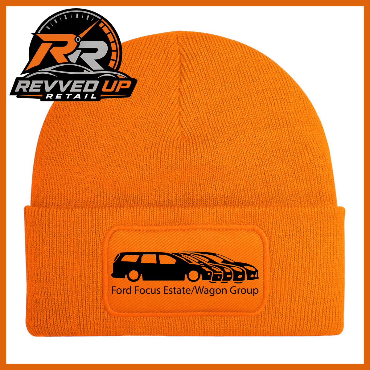 A orange knit beanie with a folded cuff featuring a rectangular patch that reads 'Ford Focus Estate/Wagon Group' with a black car graphic. The Revved Up Retail logo is displayed in the top-left corner.