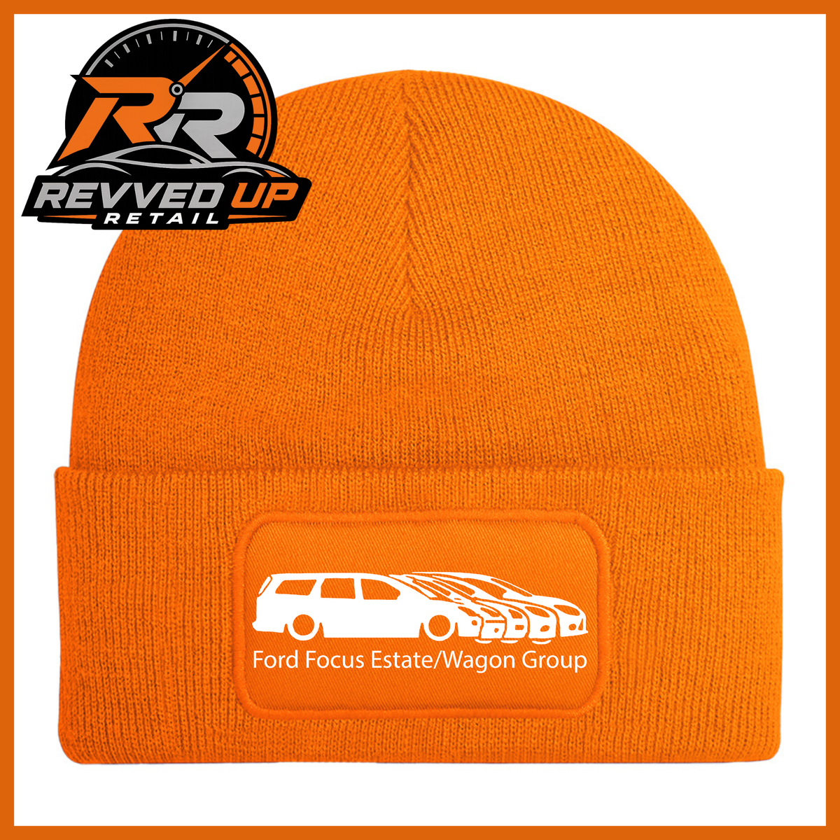 A orange knit beanie with a folded cuff featuring a rectangular patch that reads 'Ford Focus Estate/Wagon Group' with a white car graphic. The Revved Up Retail logo is displayed in the top-left corner.