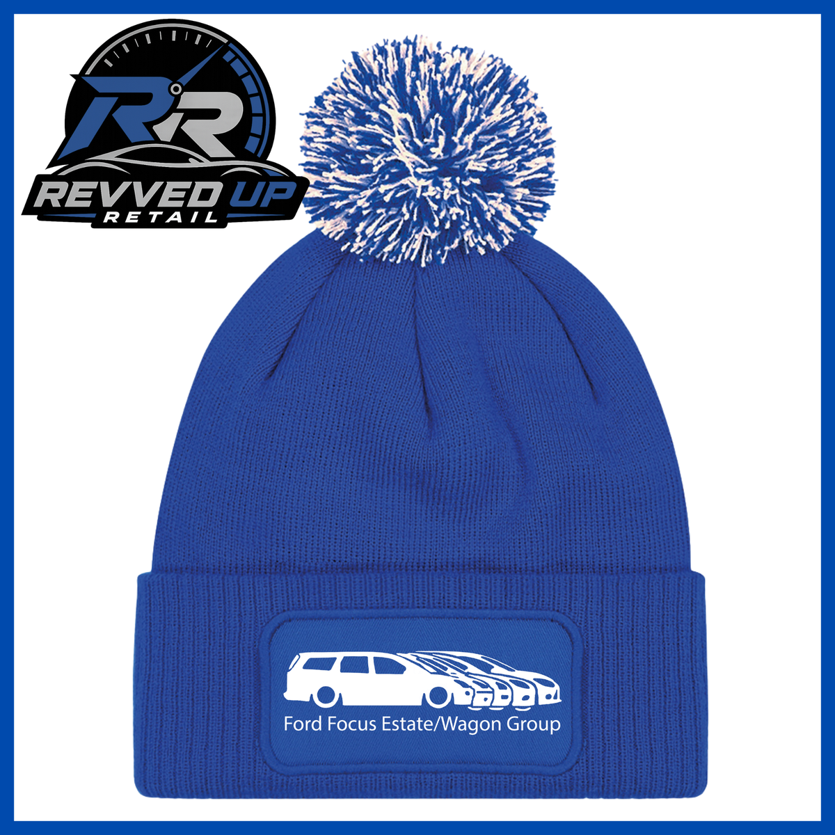 A royal blue knit beanie with a white and blue pom-pom and a custom patch on the cuff. The patch features a white car outline and the text 'Ford Focus Estate/Wagon Group'.