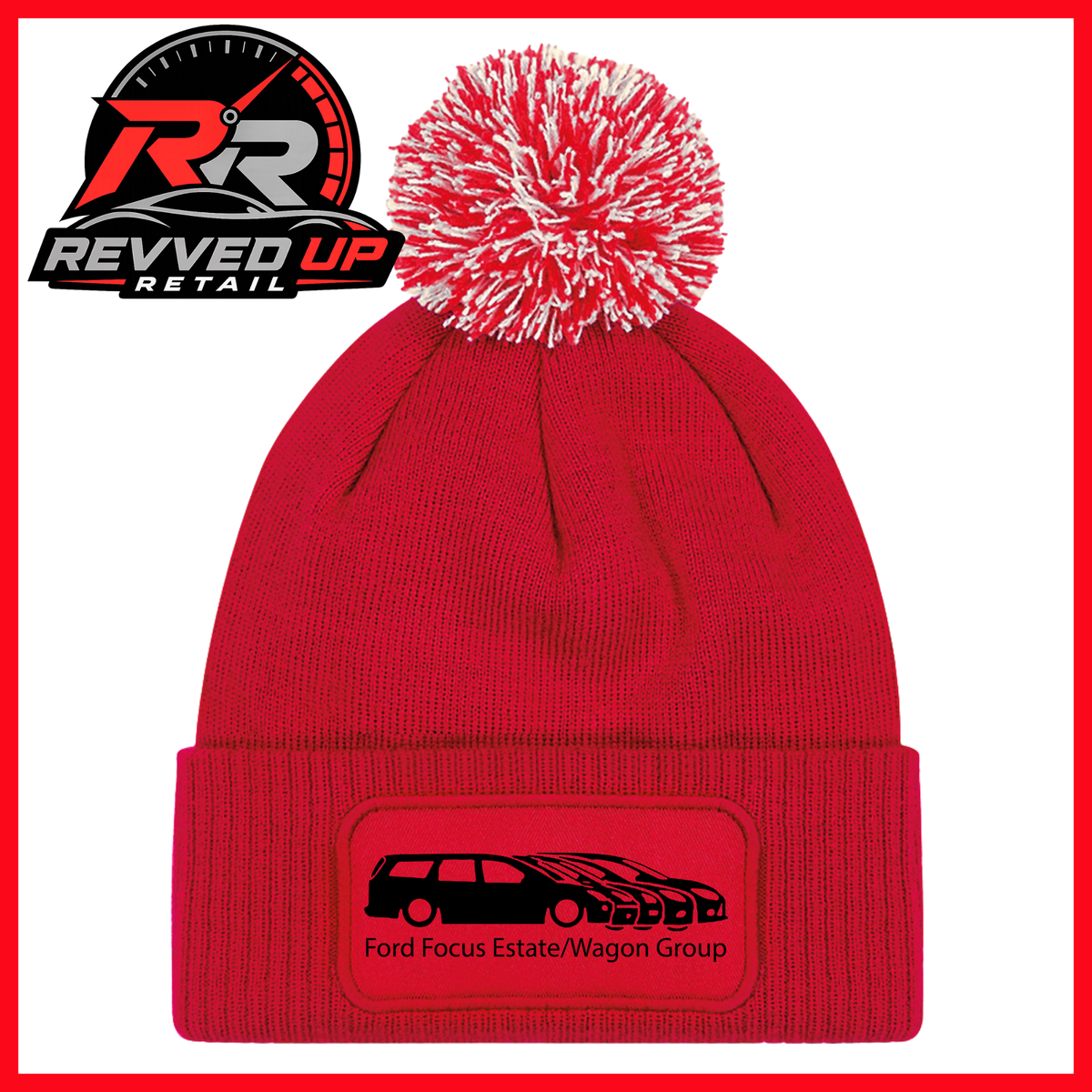 A red knit beanie with a red and white pom-pom on top and a black patch on the cuff that reads 'Ford Focus Estate/Wagon Group.' A Revved Up Retail logo appears in the upper left corner.
