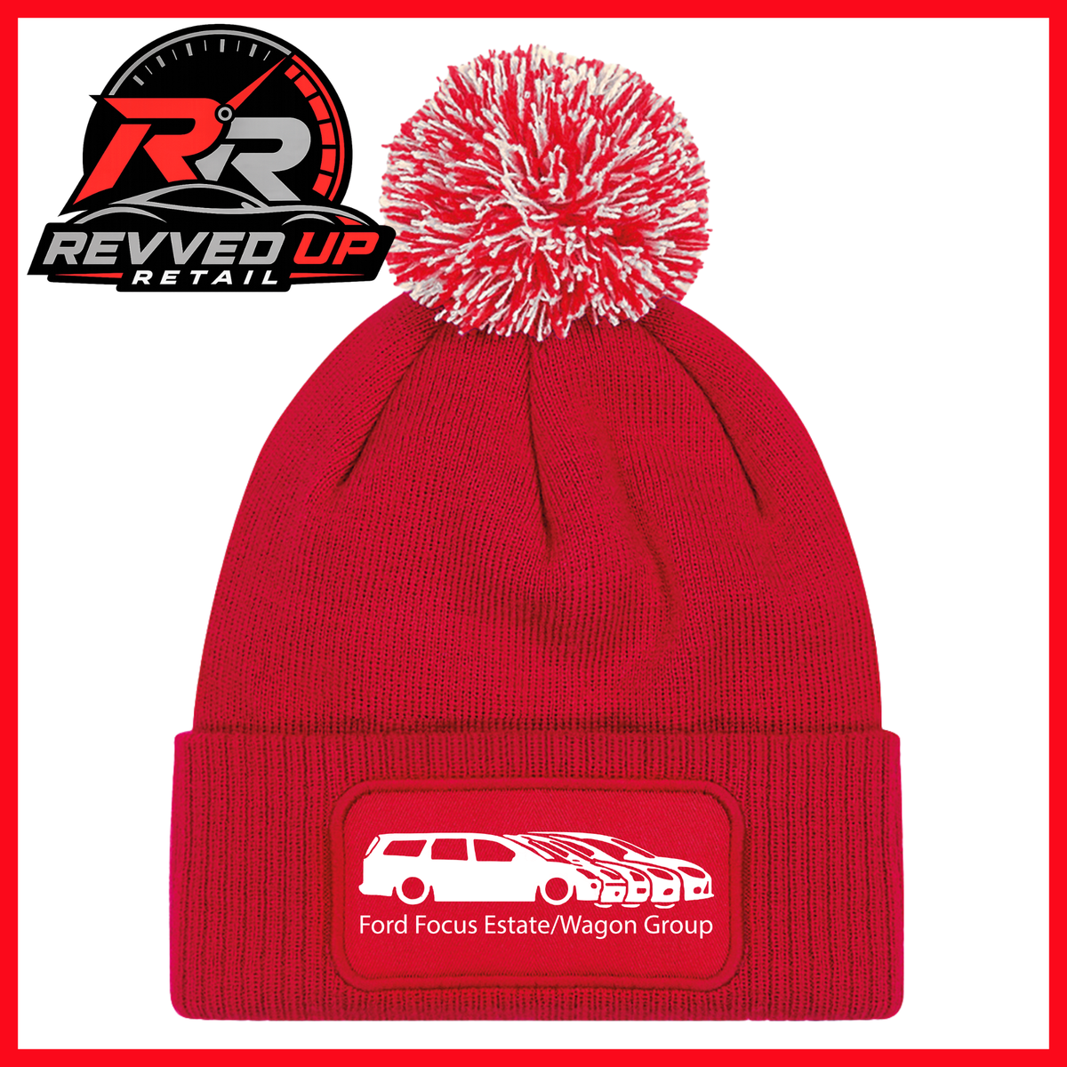 A red knit pom-pom beanie with a white patch on the cuff that reads 'Ford Focus Estate/Wagon Group' with a white car graphic. The Revved Up Retail logo is displayed in the top-left corner on a white background with a red border.