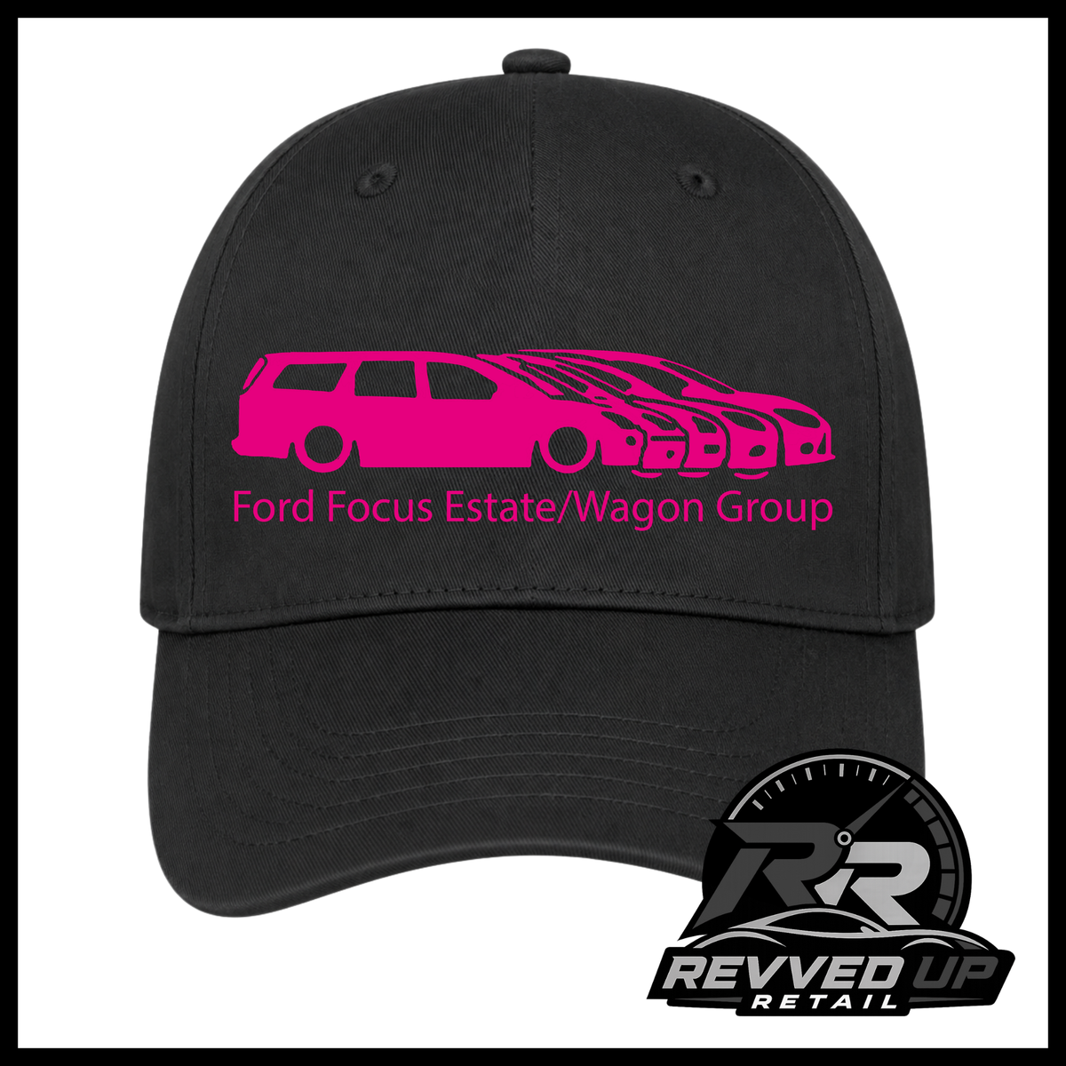 A black baseball cap featuring a bright pink graphic of a Ford Focus estate/wagon with the text 'Ford Focus Estate/Wagon Group' on the front. A Revved Up Retail logo is visible in the bottom right corner.