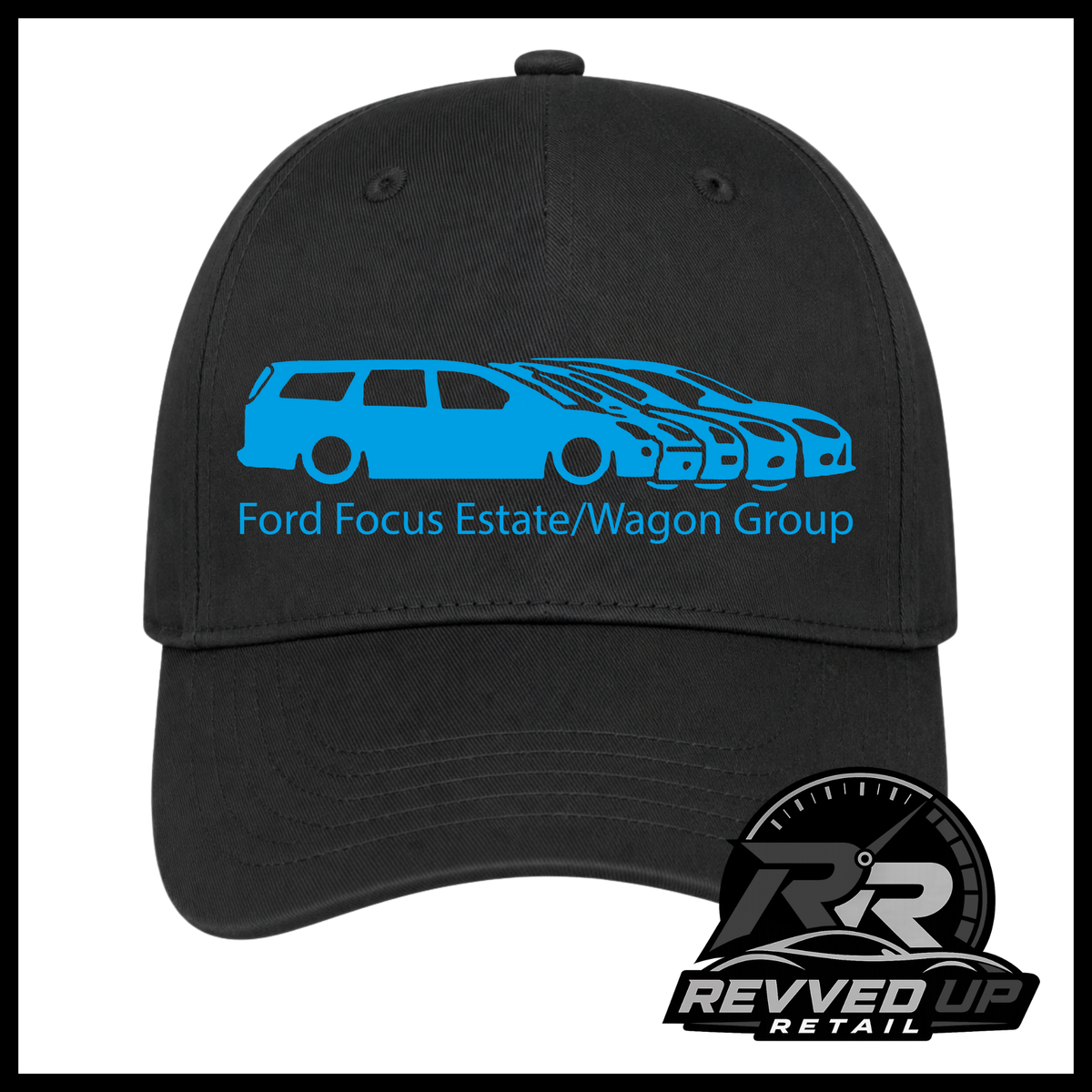 A black baseball cap featuring a blue graphic of Ford Focus estate and wagon cars with the text 'Ford Focus Estate/Wagon Group' on the front. A Revved Up Retail logo is visible in the bottom right corner.
