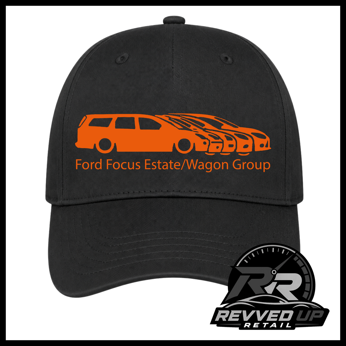 A black baseball cap featuring an orange graphic of a Ford Focus estate and wagon with the text 'Ford Focus Estate/Wagon Group' on the front. A Revved Up Retail logo is visible in the bottom right corner.