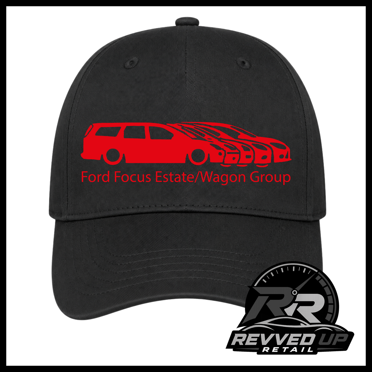 A black baseball cap featuring a red graphic of a Ford Focus estate/wagon with the text 'Ford Focus Estate/Wagon Group' on the front. A Revved Up Retail logo is visible in the bottom right corner.