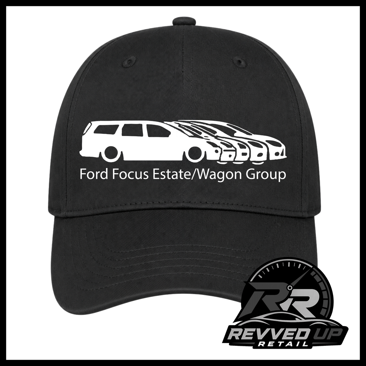 A black baseball cap featuring a white graphic of a Ford Focus Estate and Wagon group with the text 'Ford Focus Estate/Wagon Group' on the front. A Revved Up Retail logo is visible in the bottom right corner.