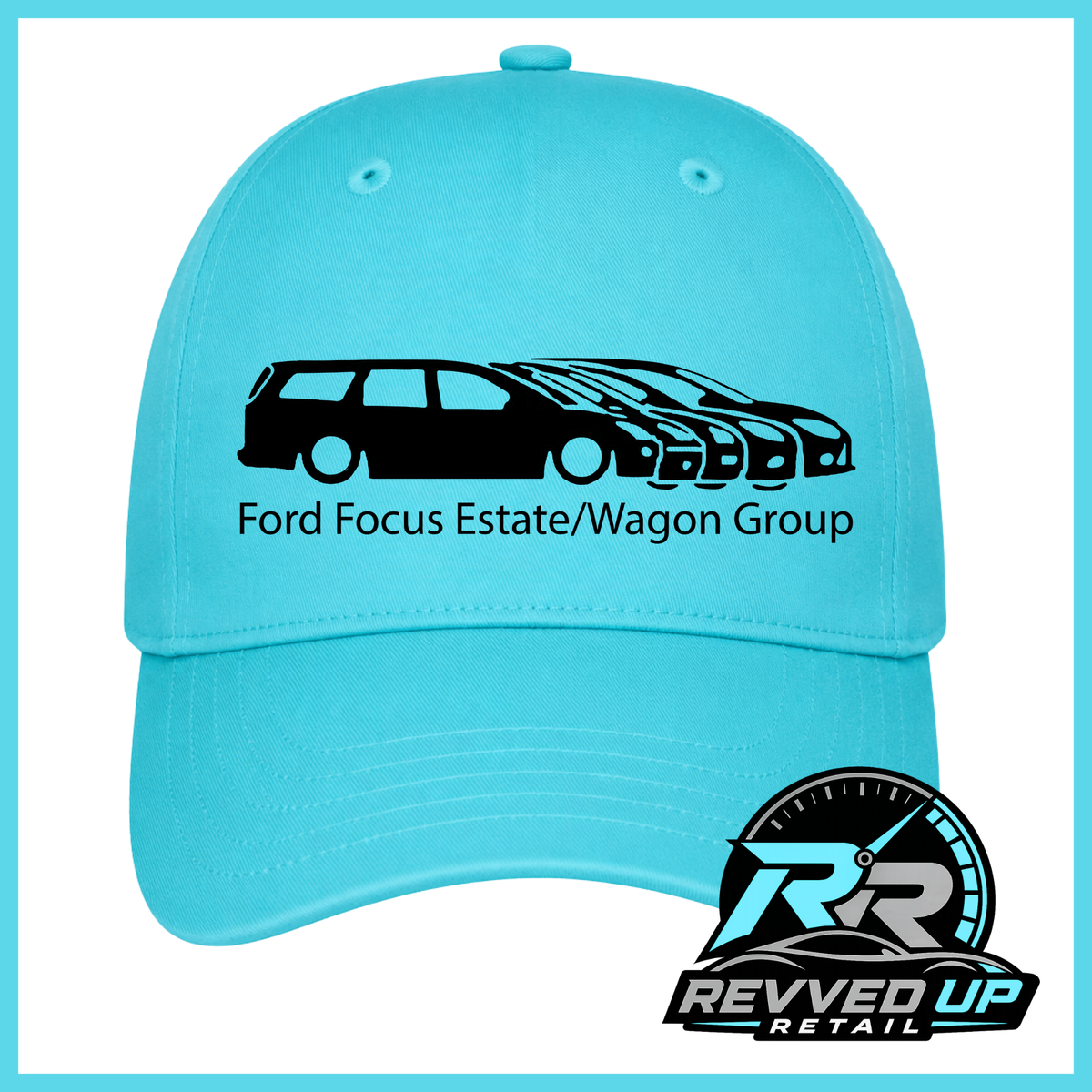 A light blue baseball cap with a black graphic of a Ford Focus estate and wagon group, along with the text 'Ford Focus Estate/Wagon Group'. A Revved Up Retail logo is displayed in the bottom right corner.