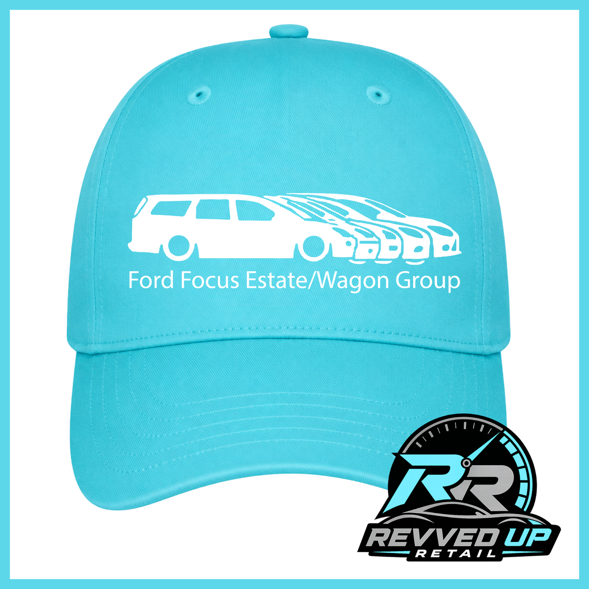 A turquoise blue baseball cap with a white graphic of a Ford Focus estate and wagon group, along with the text 'Ford Focus Estate/Wagon Group'. A Revved Up Retail logo is displayed in the bottom right corner.
