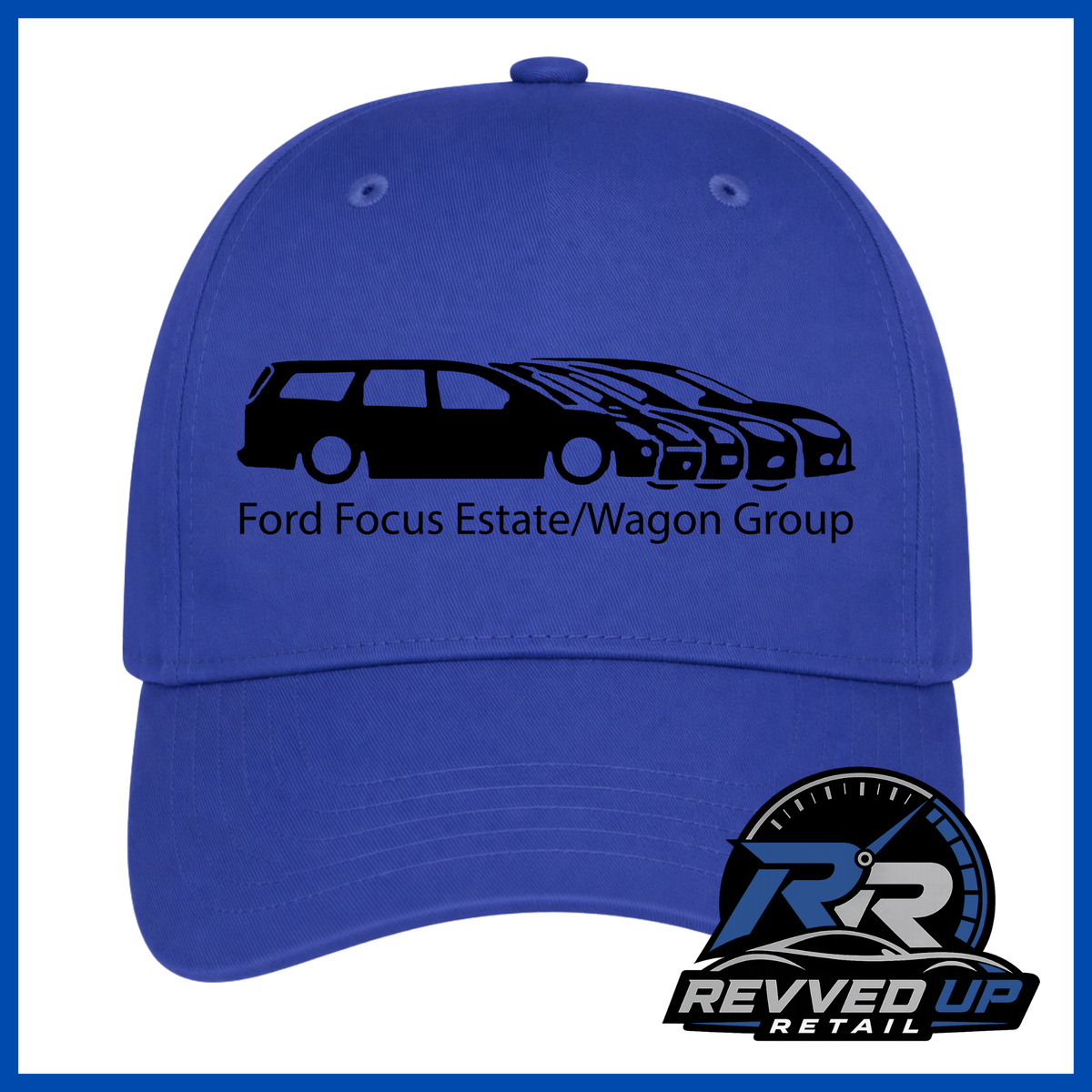 A royal blue baseball cap featuring a black graphic of a Ford Focus estate and wagon group with the text 'Ford Focus Estate/Wagon Group' on the front. A Revved Up Retail logo is displayed in the bottom right corner.