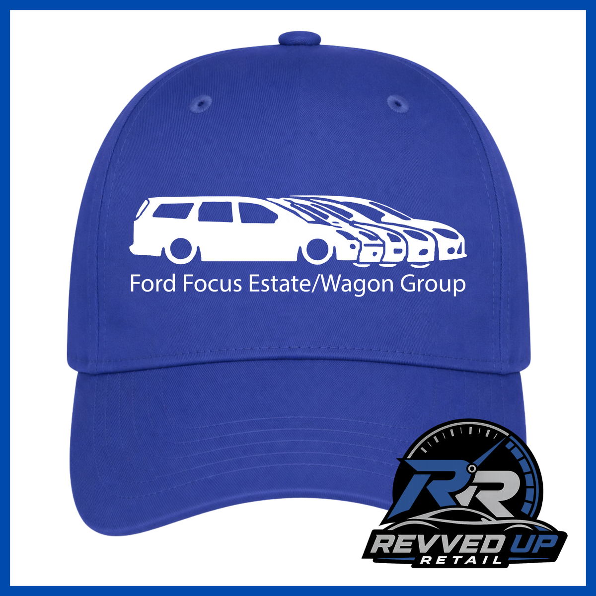 A royal blue baseball cap with a white graphic of a Ford Focus Estate and Wagon group logo on the front, featuring the Revved Up Retail logo on the lower right of the brim.