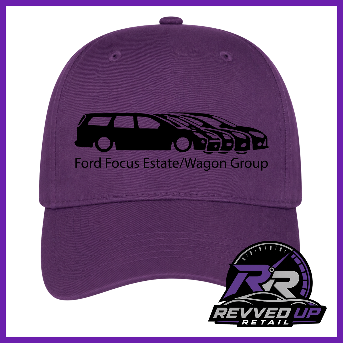 A purple baseball cap with a black graphic of a Ford Focus estate and wagon group, along with the text 'Ford Focus Estate/Wagon Group'. A Revved Up Retail logo is visible in the bottom right corner.