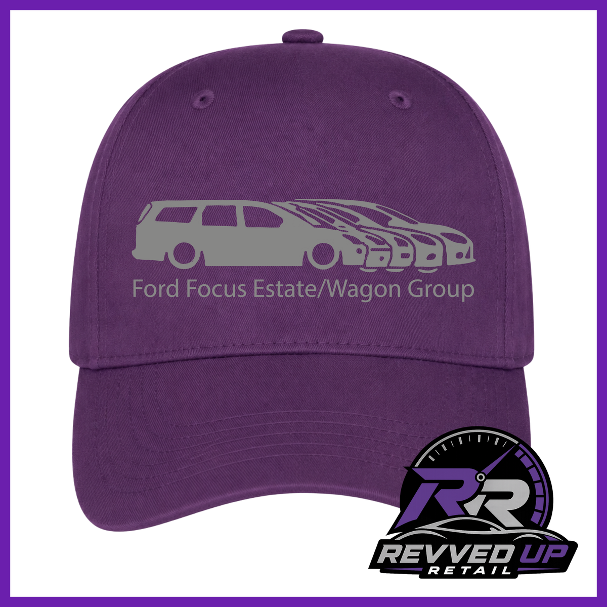 A purple baseball cap featuring a gray graphic of a Ford Focus estate and wagon with the text 'Ford Focus Estate/Wagon Group' on the front. A 'Revved Up Retail' logo is displayed in the bottom right corner.