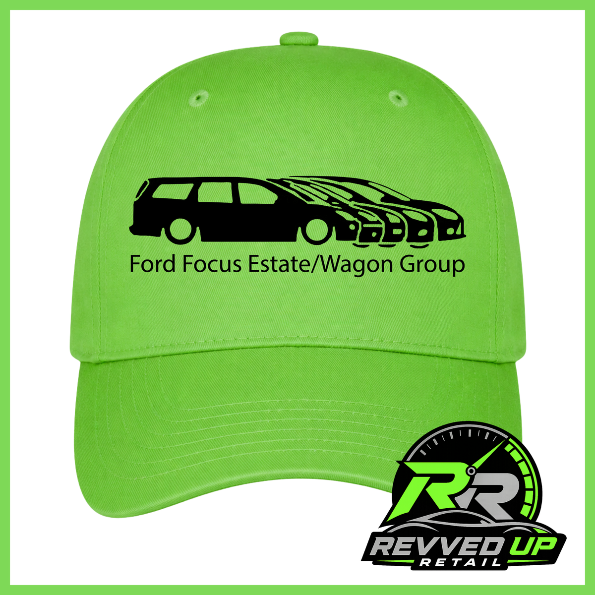 A bright lime green baseball cap with a black graphic of Ford Focus cars and the text 'Ford Focus Estate/Wagon Group' printed on the front. A Revved Up Retail logo is visible in the bottom right corner.