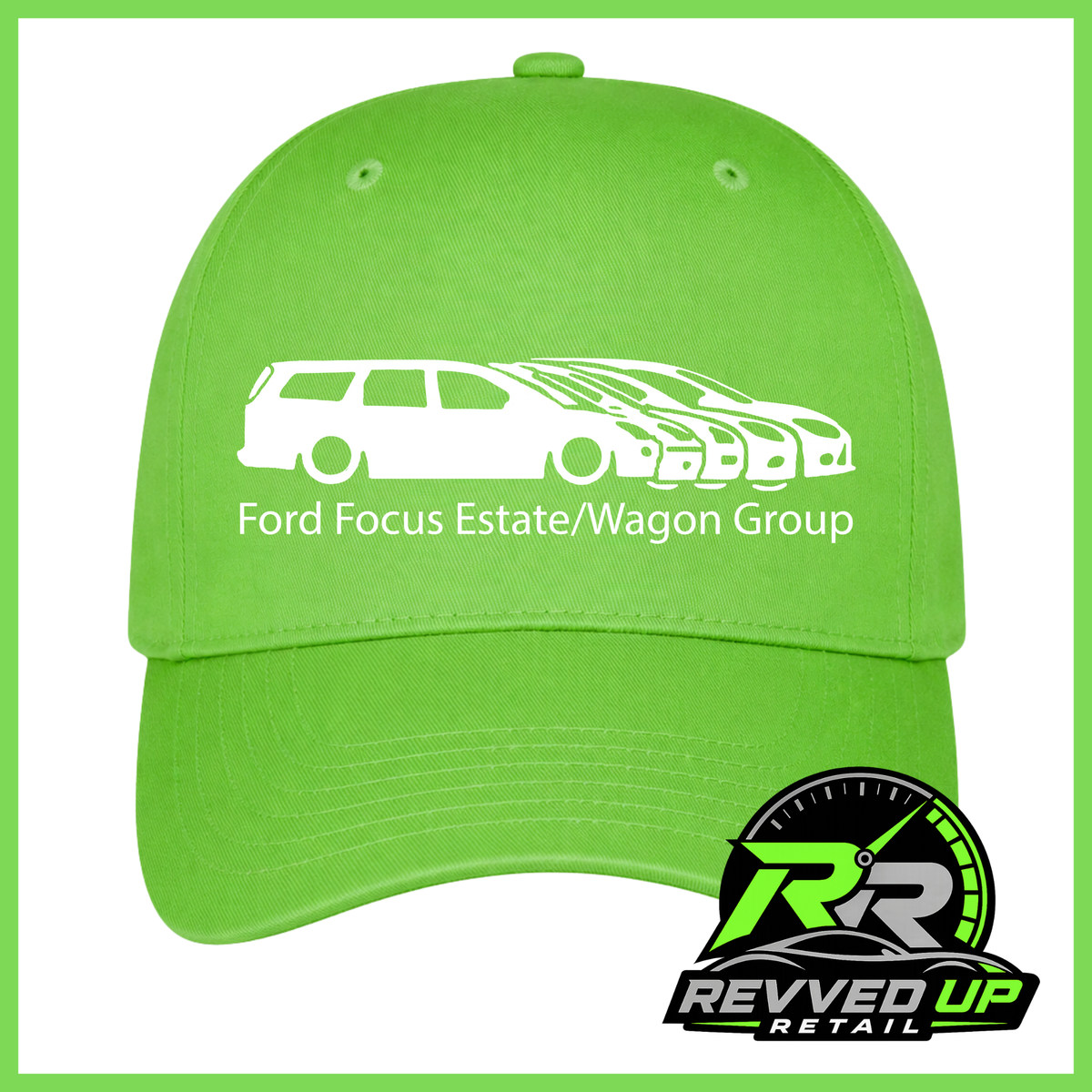 A bright lime green baseball cap with a white graphic of four Ford Focus vehicles and the text 'Ford Focus Estate/Wagon Group' printed on the front. A Revved Up Retail logo is displayed in the bottom right corner.