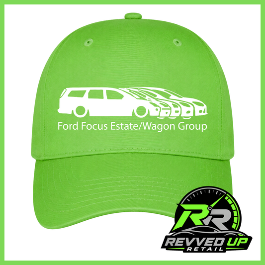 A bright lime green baseball cap with a white graphic of four Ford Focus vehicles and the text 'Ford Focus Estate/Wagon Group' printed on the front. A Revved Up Retail logo is displayed in the bottom right corner.