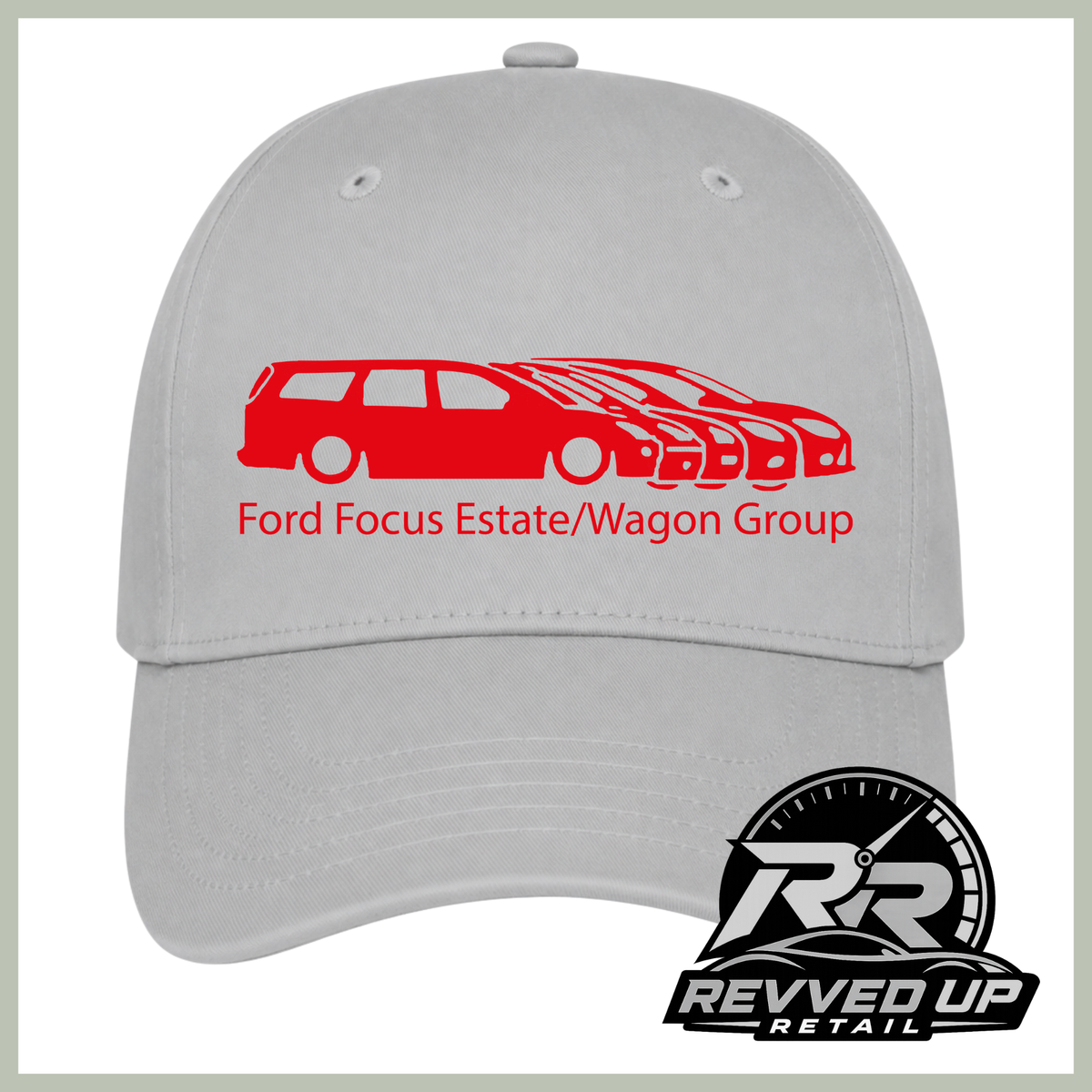 A light gray baseball cap featuring a red graphic of a Ford Focus estate and wagon with the text 'Ford Focus Estate/Wagon Group' printed on the front. A 'Revved Up Retail' logo is displayed in the bottom right corner.