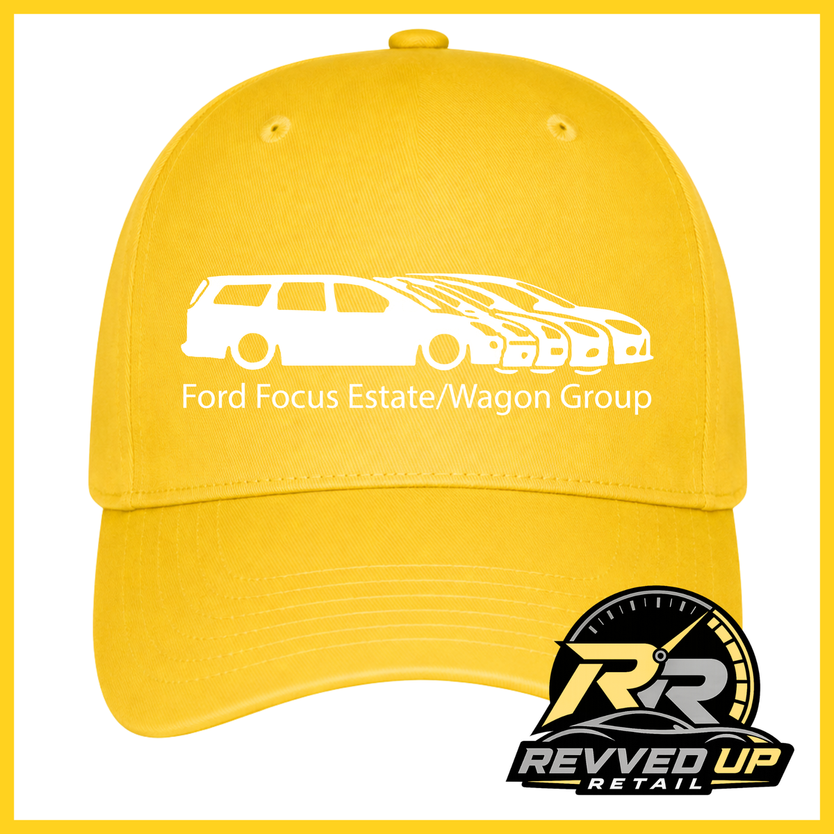 A bright yellow baseball cap with a white graphic of a Ford Focus estate and wagon group, along with the text 'Ford Focus Estate/Wagon Group'. A Revved Up Retail logo is visible in the bottom right corner.