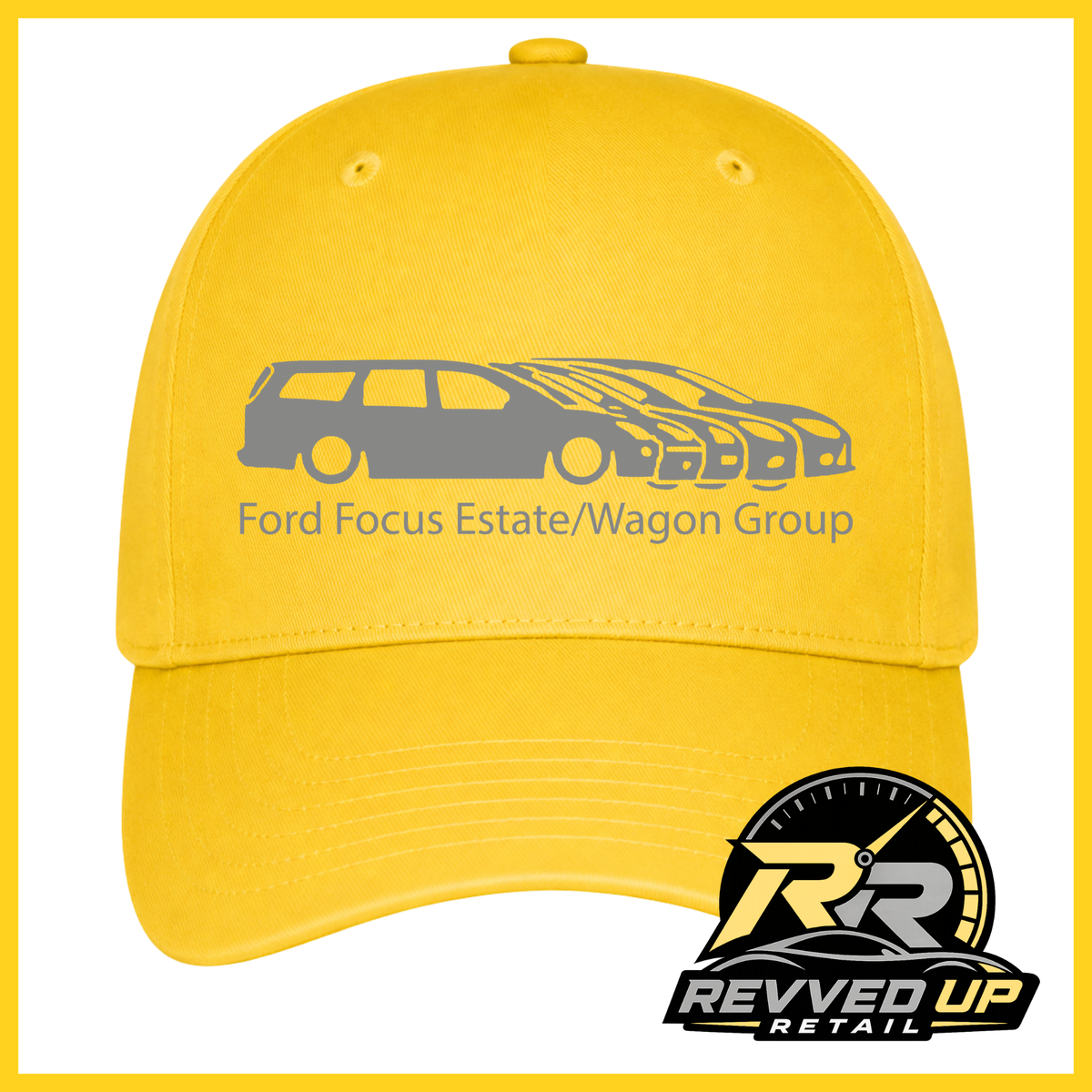 A bright yellow baseball cap with a gray graphic of a Ford Focus estate and wagon, along with the text 'Ford Focus Estate/Wagon Group'. A 'Revved Up Retail' logo is displayed in the bottom right corner.