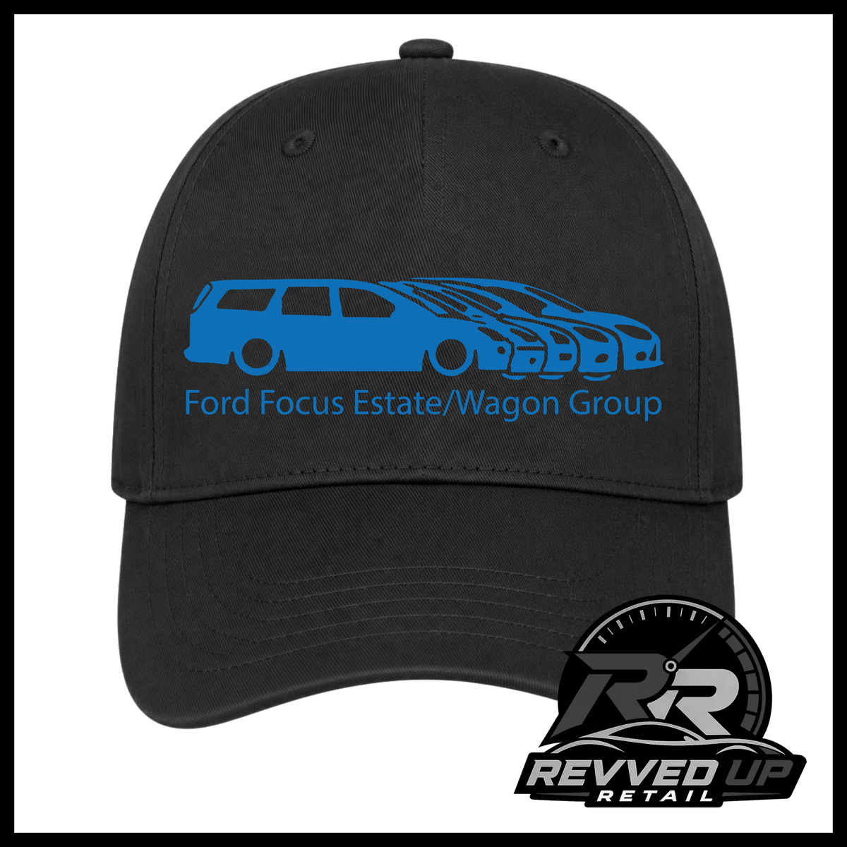 A black baseball cap featuring a blue graphic of a Ford Focus estate and wagon group with the text 'Ford Focus Estate/Wagon Group' on the front. A Revved Up Retail logo is visible in the bottom right corner.
