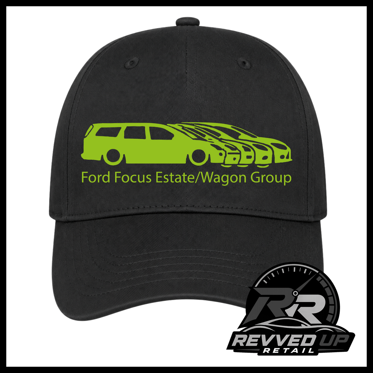 A black baseball cap featuring a green graphic of a Ford Focus estate and wagon group with the text 'Ford Focus Estate/Wagon Group' on the front. A Revved Up Retail logo is visible in the bottom right corner.