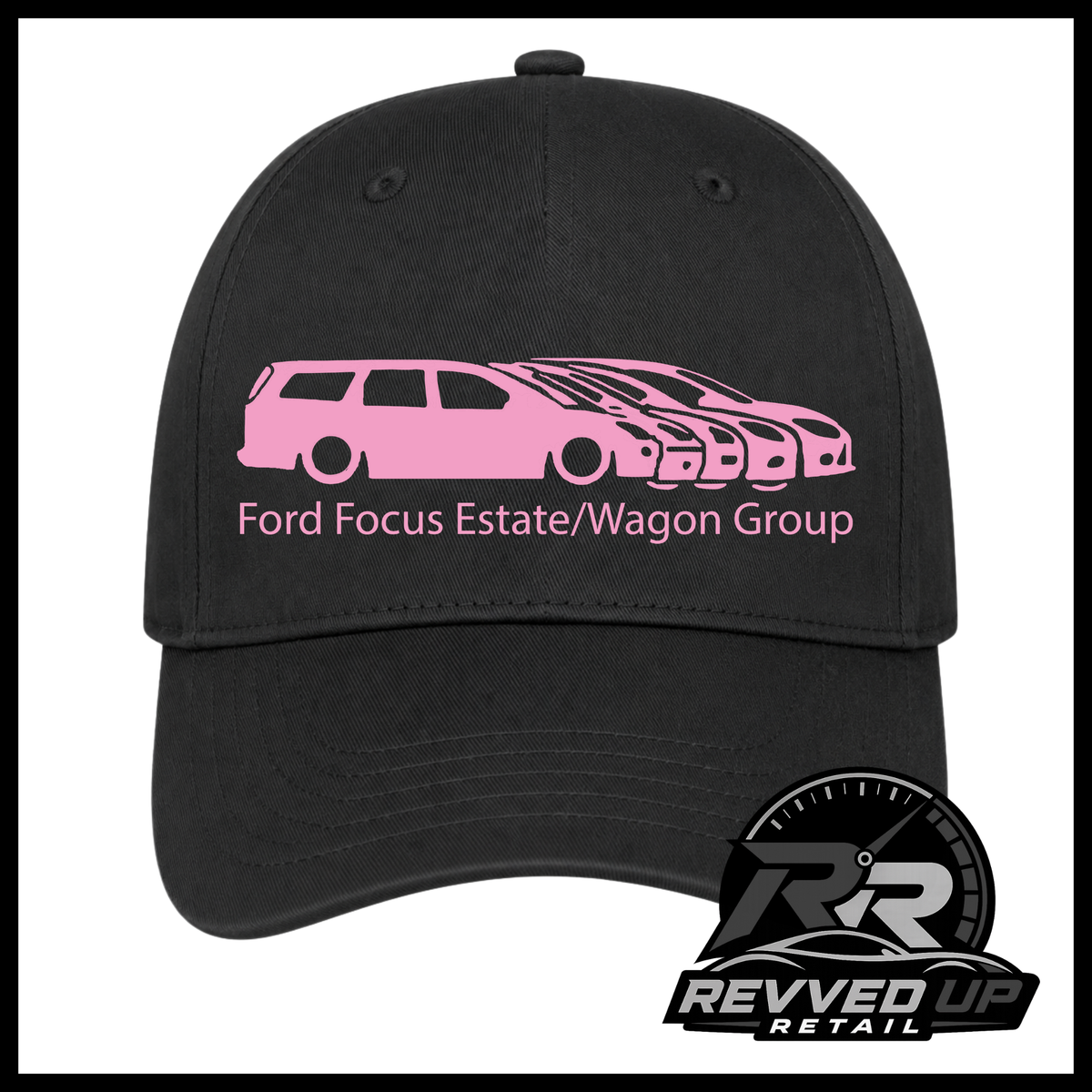 A black baseball cap featuring a pale pink graphic of a Ford Focus estate and wagon group with the text 'Ford Focus Estate/Wagon Group' on the front. A Revved Up Retail logo is visible in the bottom right corner.