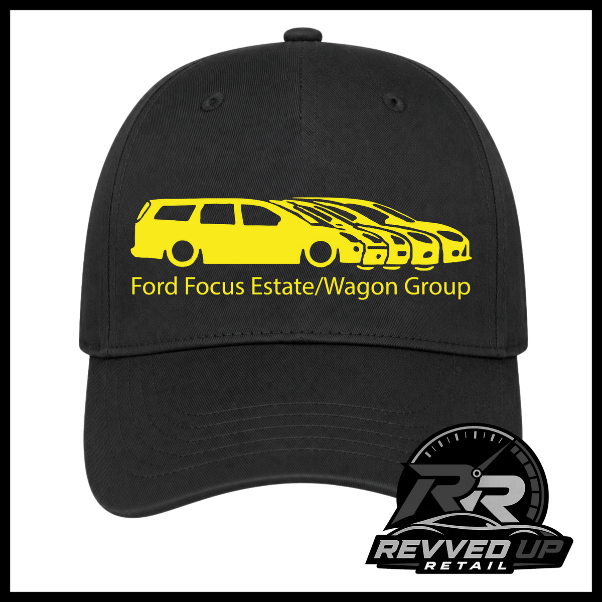 A black baseball cap featuring a yellow graphic of a Ford Focus estate and wagon group with the text 'Ford Focus Estate/Wagon Group' on the front. A Revved Up Retail logo is visible in the bottom right corner.