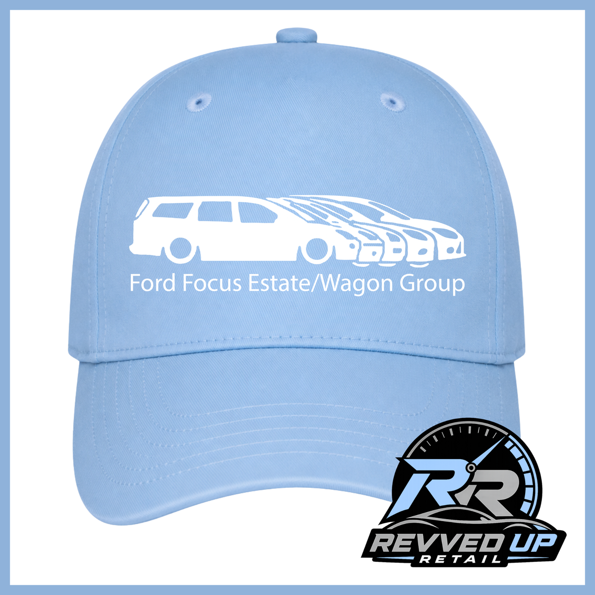 A light blue baseball cap featuring a white graphic of Focus vehicles and the text 'Ford Focus Estate/Wagon Group' on the front. A Revved Up Retail logo is displayed in the bottom right corner.