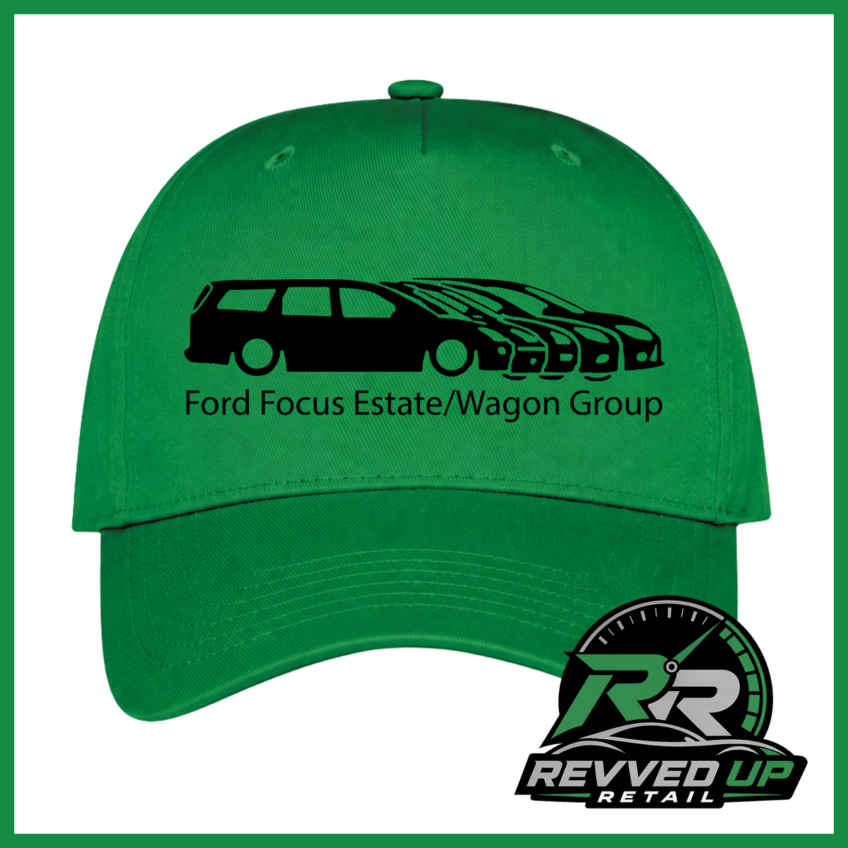 A bright green baseball cap featuring a black graphic of Ford Focus estate and wagon models with the text 'Ford Focus Estate/Wagon Group' printed on the front. A Revved Up Retail logo is visible in the bottom right corner.