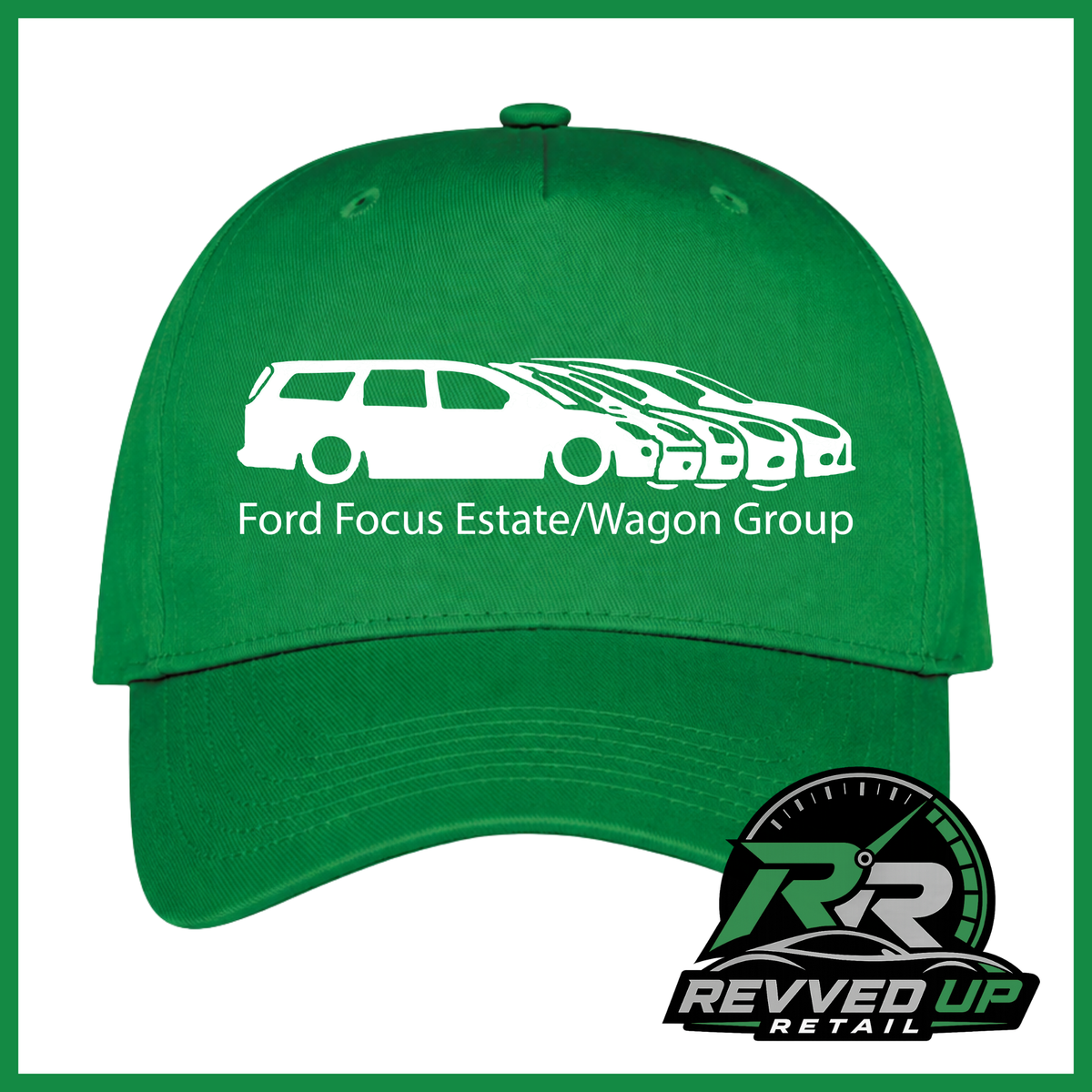A bright green baseball cap featuring a white graphic of Ford Focus estate and wagon models with the text 'Ford Focus Estate/Wagon Group' printed on the front. A Revved Up Retail logo is visible in the bottom right corner.