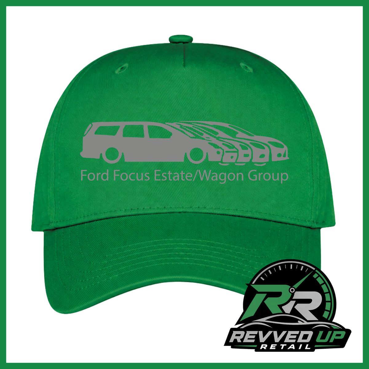 A bright green baseball cap featuring a grey graphic of Ford Focus estate and wagon models with the text 'Ford Focus Estate/Wagon Group' printed on the front. A Revved Up Retail logo is visible in the bottom right corner.