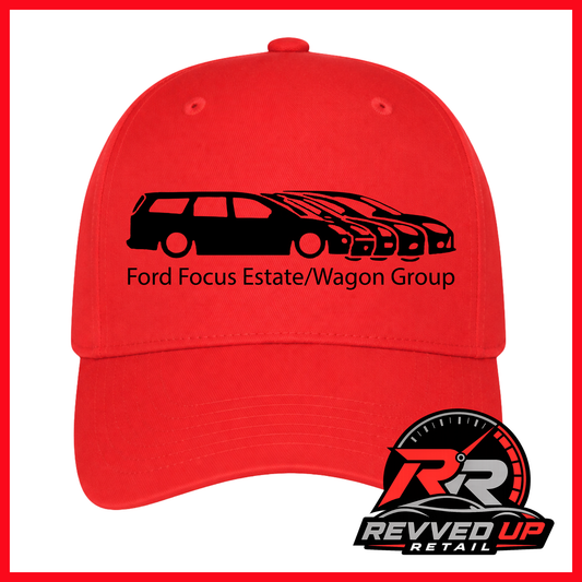 A bright red baseball cap with a black graphic of a Ford Focus estate and wagon, along with the text 'Ford Focus Estate/Wagon Group'. A Revved Up Retail logo is visible in the bottom right corner.