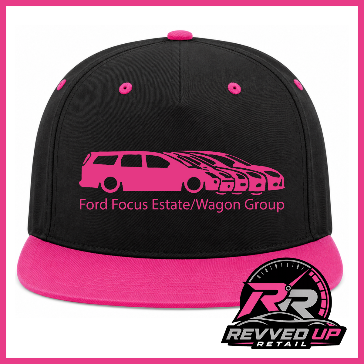 A black snapback cap with a bright pink flat brim, pink eyelets, and a pink graphic of a customised Ford Focus estate/wagon group with the text 'Ford Focus Estate/Wagon Group' on the front. A Revved Up Retail logo is visible in the bottom right corner.