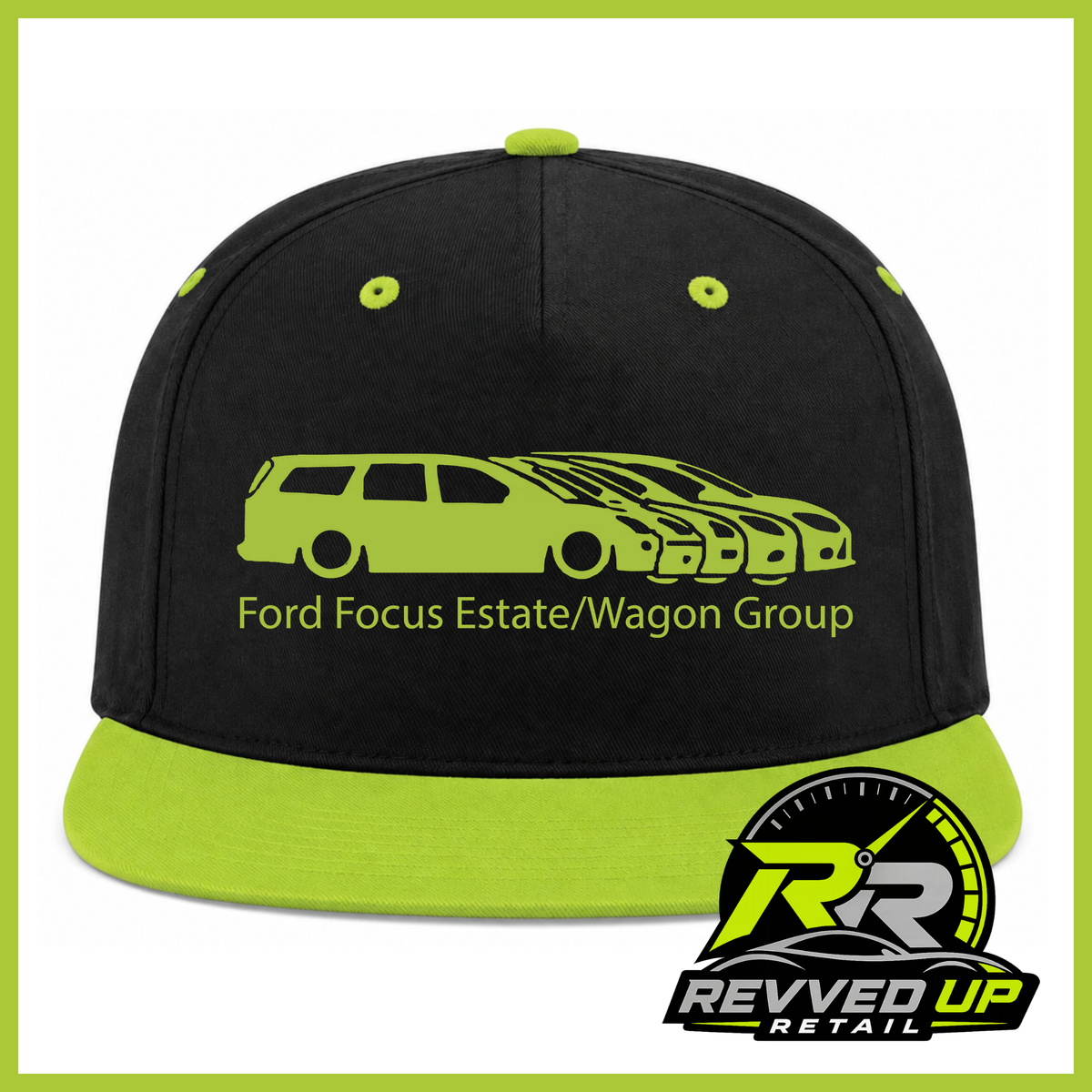 A black snapback cap with a bright lime green flat brim, matching green eyelets, and a green graphic of a Ford Focus estate/wagon group on the front, with the text 'Ford Focus Estate/Wagon Group' below. A Revved Up Retail logo is visible in the bottom right corner.