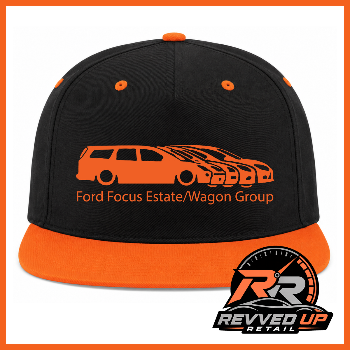 A black flat-brim snapback cap with bright orange accents, featuring an orange graphic of a Ford Focus estate/wagon group and the text 'Ford Focus Estate/Wagon Group' on the front. The cap has an orange visor and matching orange eyelets.