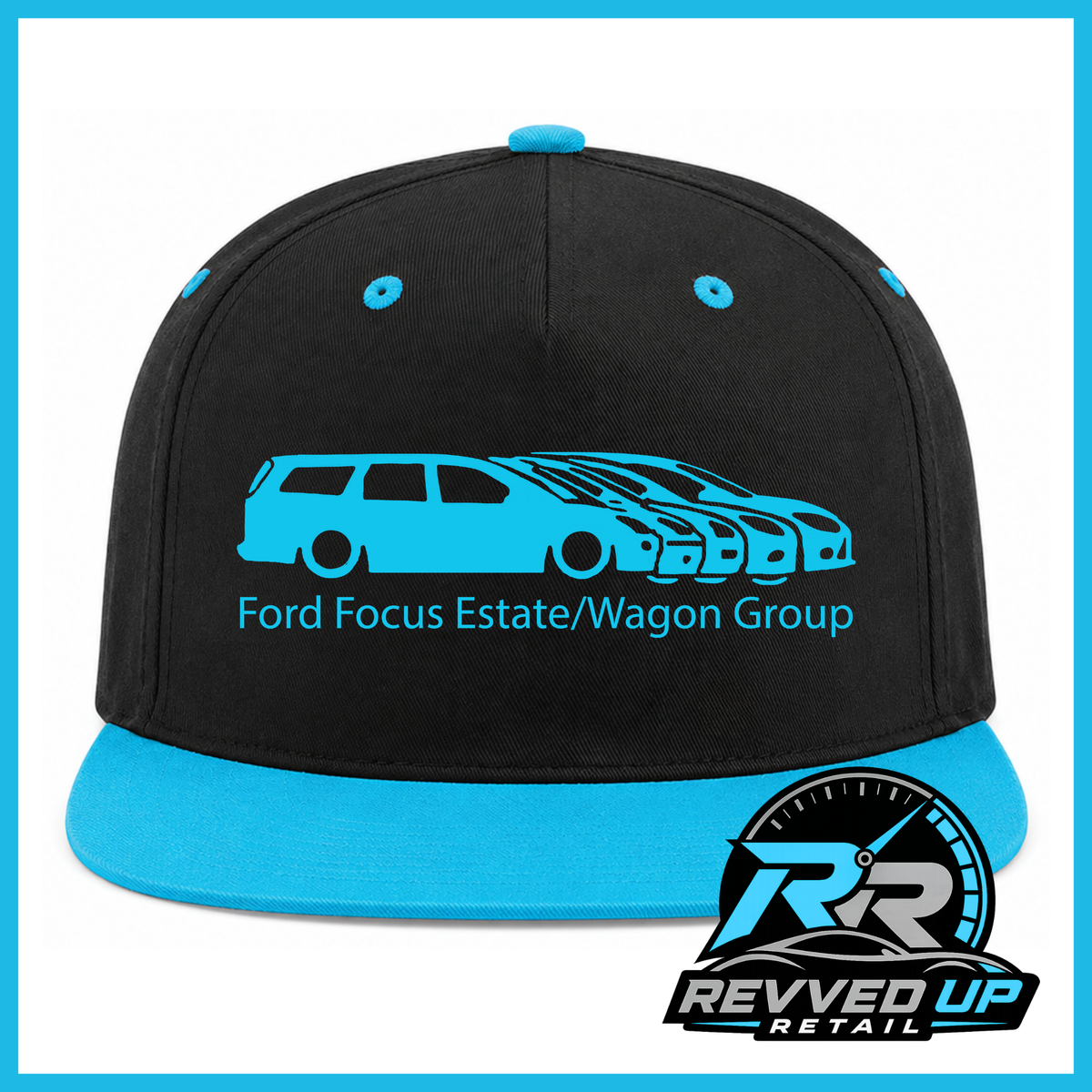 A black snapback cap with a bright blue flat brim, featuring a blue graphic of a Ford Focus estate/wagon group on the front with the text 'Ford Focus Estate/Wagon Group'. A Revved Up Retail logo is displayed in the bottom right corner.