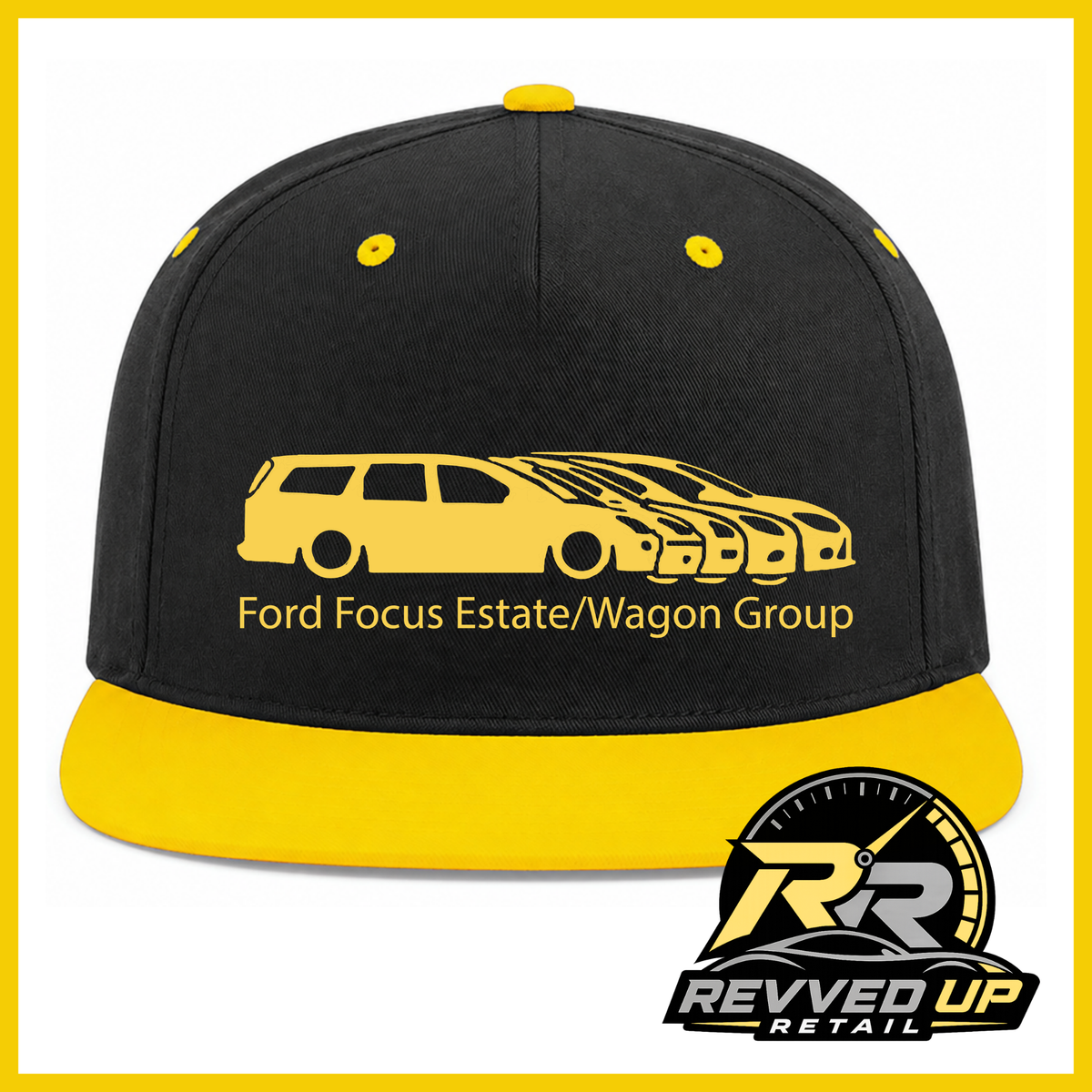 A black and yellow snapback cap featuring a yellow graphic of a Ford Focus estate/wagon with the text 'Ford Focus Estate/Wagon Group' on the front. The cap has a yellow flat brim and yellow eyelets.