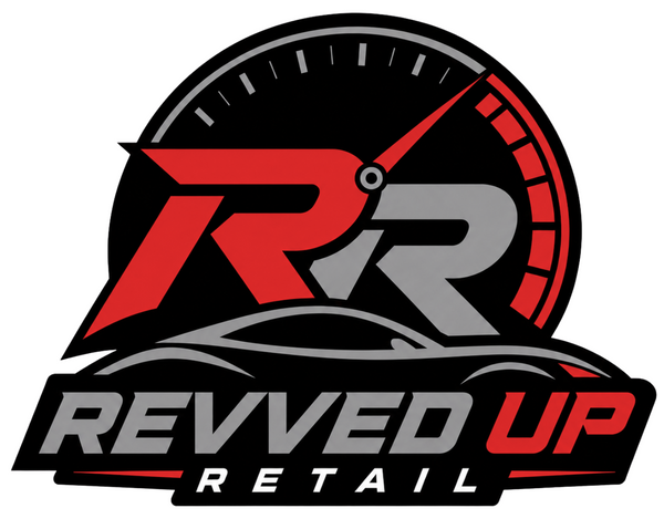 A stylized logo featuring a large red and gray 'RR' over a speedometer and car silhouette, with the text 'REVVED UP RETAIL' below on a white background.